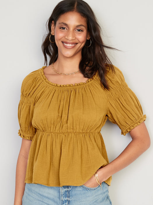 Puff-Sleeve Shirred Babydoll Blouse for Women - Yellow