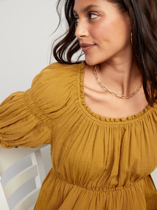 Puff-Sleeve Shirred Babydoll Blouse for Women - Yellow