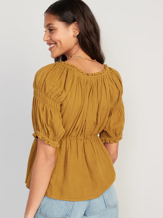 Puff-Sleeve Shirred Babydoll Blouse for Women - Yellow