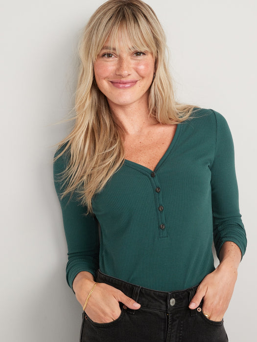 Fitted Long-Sleeve Rib-Knit Henley Top for Women