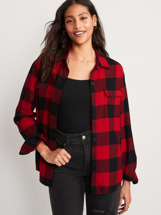 Long-Sleeve Plaid Flannel Boyfriend Tunic Shirt for Women