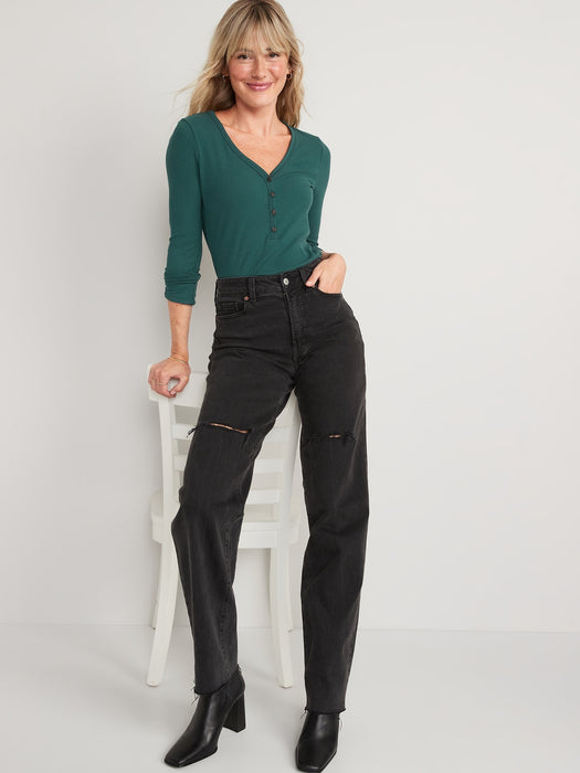 Fitted Long-Sleeve Rib-Knit Henley Top for Women