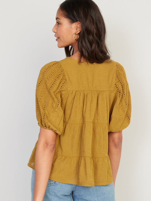 Puff-Sleeve Tiered Embroidered Swing Blouse for Women