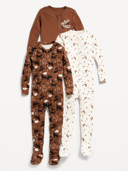 Unisex 2-Way-Zip Printed Footie Pajama One-Piece 3-Pack for Toddler & Baby