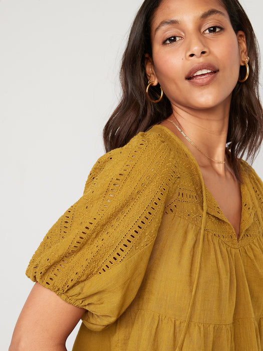 Puff-Sleeve Tiered Embroidered Swing Blouse for Women