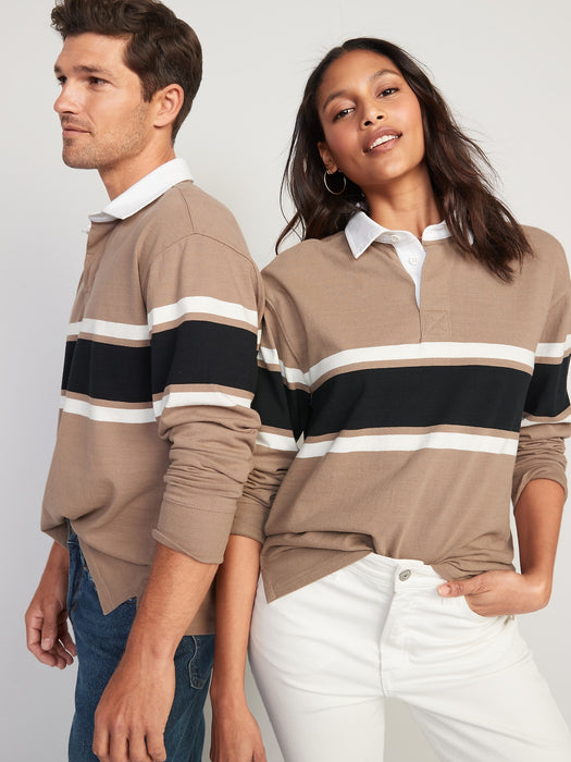 Loose Striped Gender-Neutral Long-Sleeve Rugby Polo Shirt for Adults - Brown