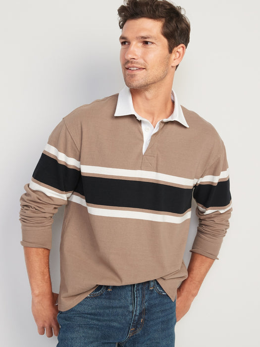 Loose Striped Gender-Neutral Long-Sleeve Rugby Polo Shirt for Adults - Brown