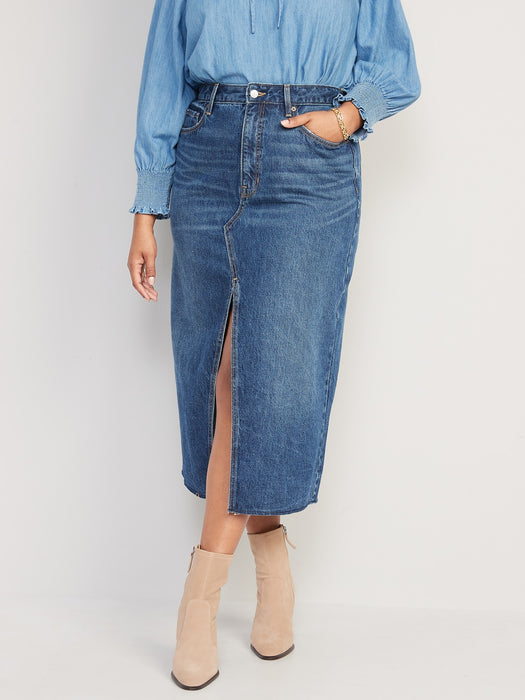 High-Waist Maxi-Jeansrock mit Schlitz vorne und Fransensaum für Damen – Blau