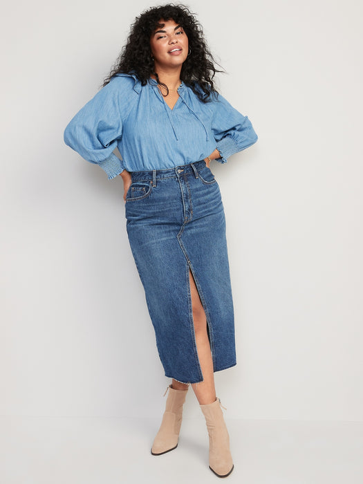 High-Waist Maxi-Jeansrock mit Schlitz vorne und Fransensaum für Damen – Blau