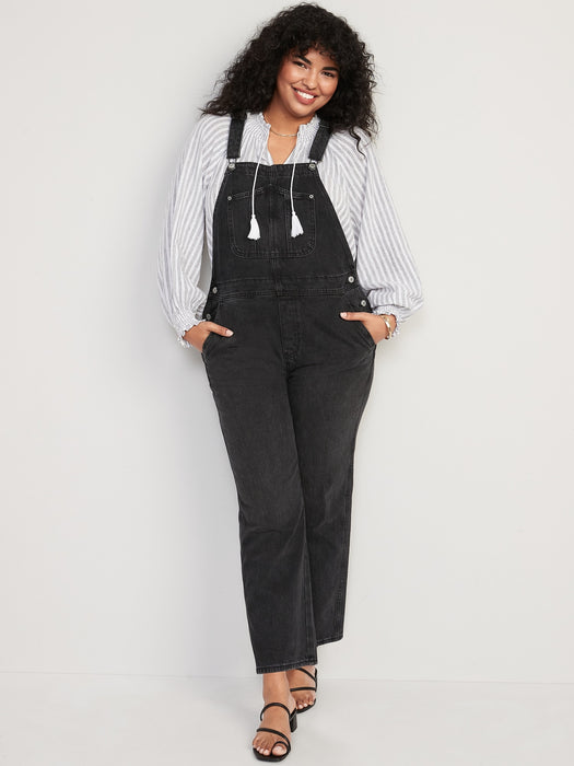 Slouchy Straight Black Workwear Non-Stretch Jean Overalls for Women