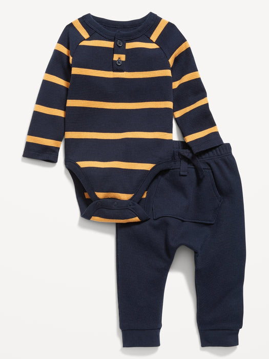 Unisex Thermal-Knit Henley Bodysuit and Leggings Set for Baby