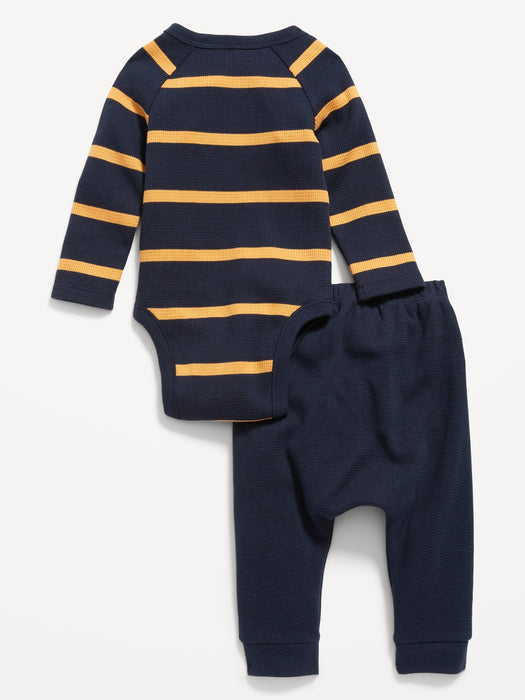 Unisex Thermal-Knit Henley Bodysuit and Leggings Set for Baby