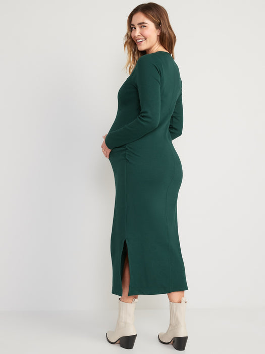 Maternity Long-Sleeve Rib-Knit Henley Midi Dress - Green