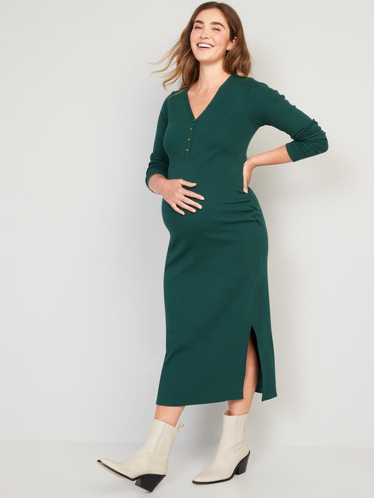 Maternity Long-Sleeve Rib-Knit Henley Midi Dress - Green