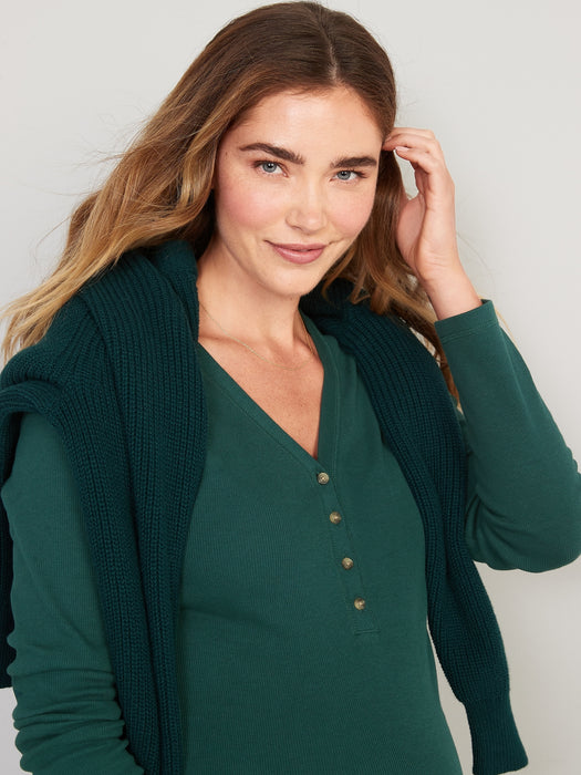Maternity Long-Sleeve Rib-Knit Henley Midi Dress - Green