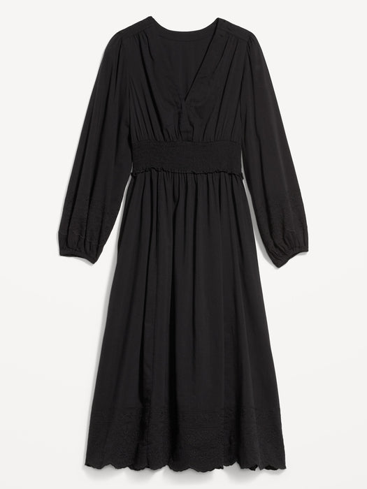 Waist-Defined Puff-Sleeve Smocked Embroidered Midi Dress for Women