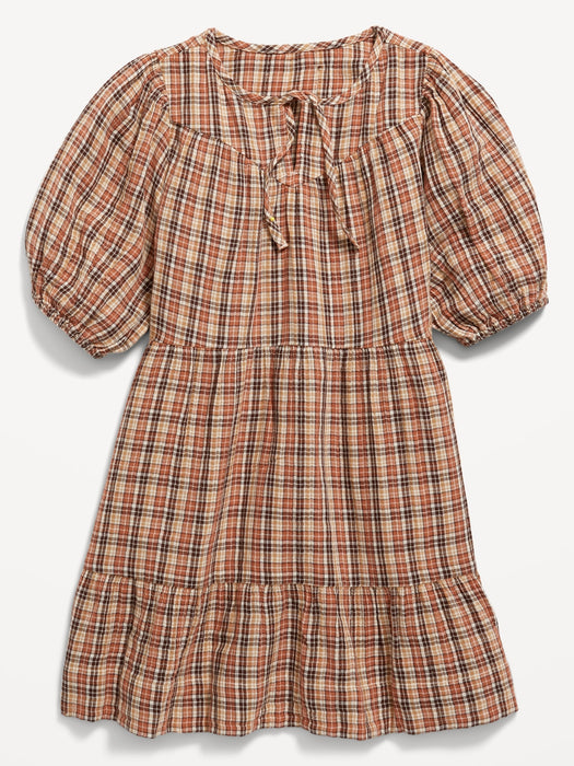 Puff-Sleeve Tiered Plaid Tie-Front Dress for Girls