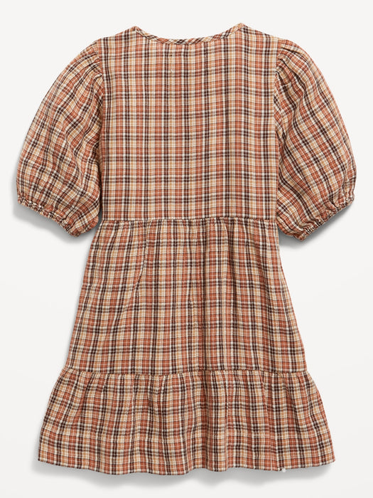 Puff-Sleeve Tiered Plaid Tie-Front Dress for Girls