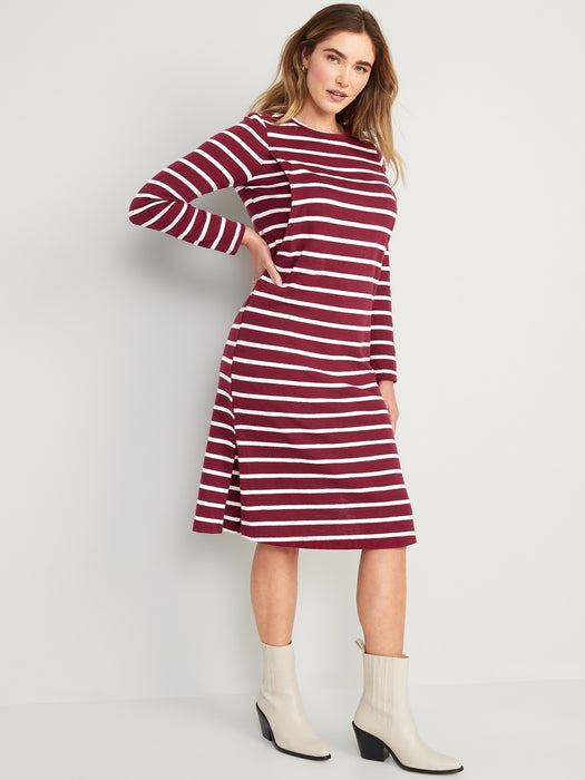 Maternity Long-Sleeve Striped Jersey-Knit Nursing Midi Dress