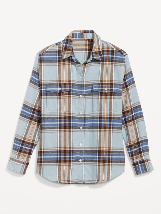 Long-Sleeve Plaid Flannel Boyfriend Tunic Shirt for Women - Blue