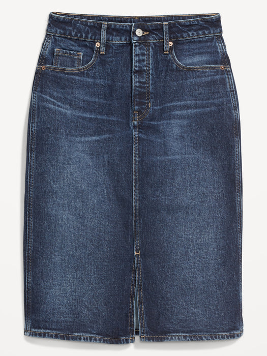 Higher High-Waisted Button-Fly Midi Jean Pencil Skirt for Women