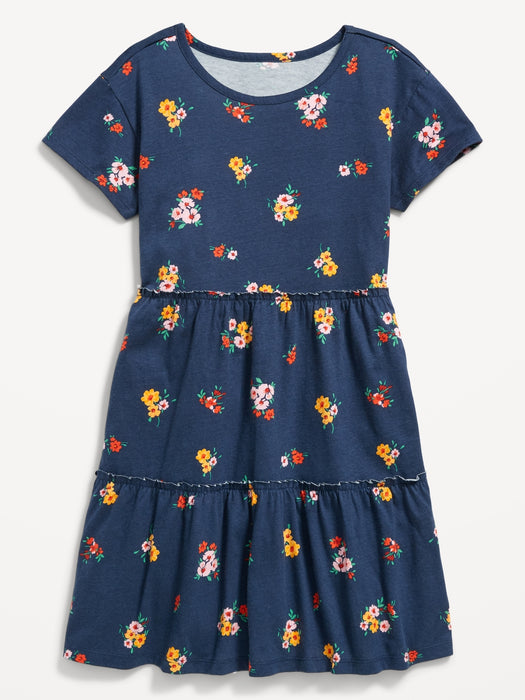 Tiered Printed Short-Sleeve Swing Dress for Girls