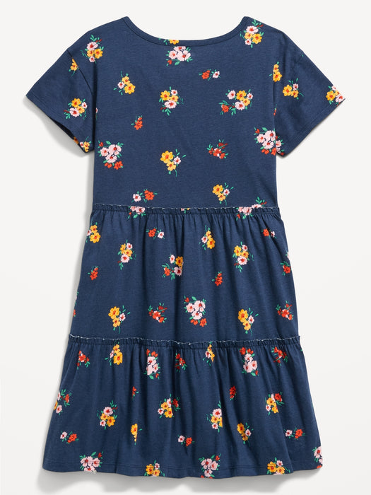 Tiered Printed Short-Sleeve Swing Dress for Girls