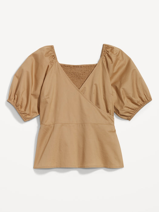 Puff-Sleeve Smocked Wrap Blouse for Women