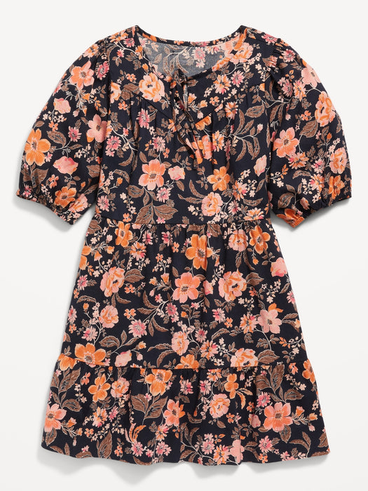 Puff-Sleeve Tiered Floral-Print Swing Dress for Girls