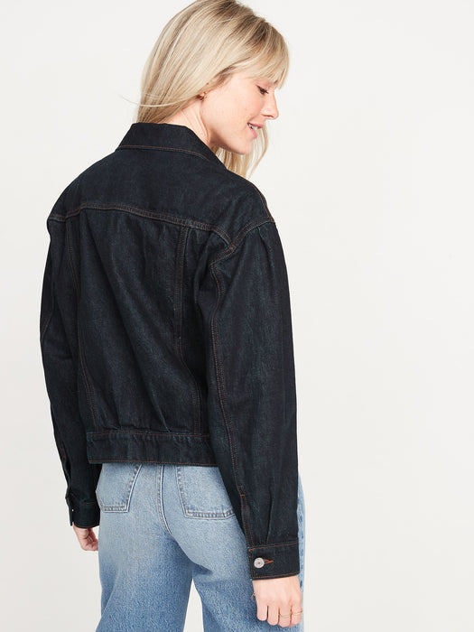 Oversized Puff-Sleeve Non-Stretch Jean Jacket for Women