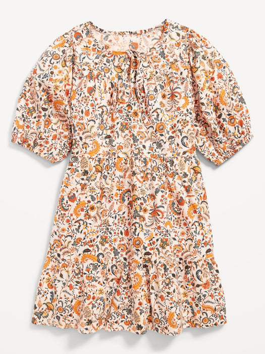 Puff-Sleeve Tiered Floral-Print Swing Dress for Girls