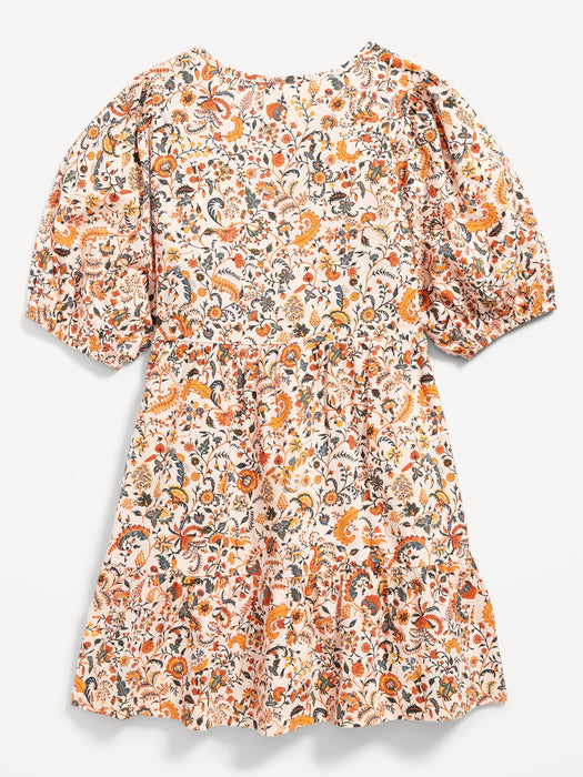 Puff-Sleeve Tiered Floral-Print Swing Dress for Girls