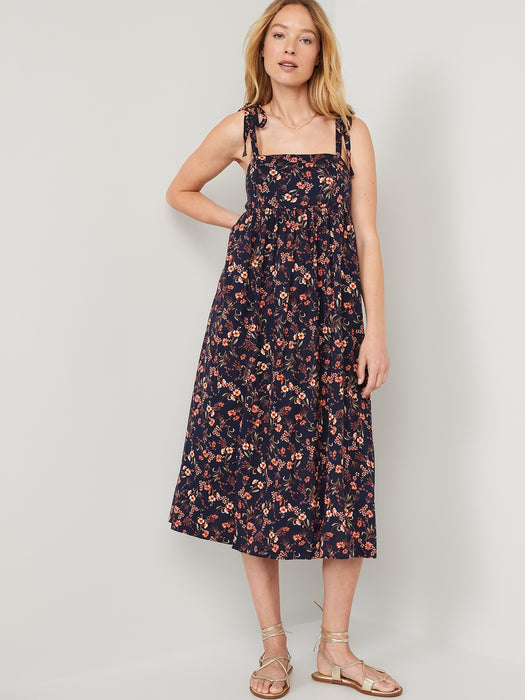 Tie-Shoulder Floral-Print Split-Front Midi Swing Dress for Women