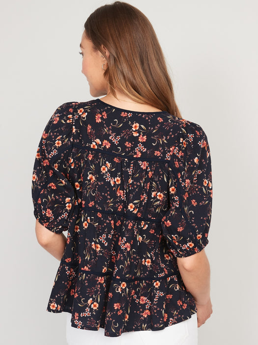 Puff-Sleeve Floral Tiered Swing Blouse for Women