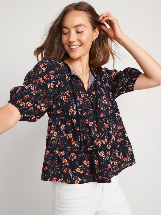 Puff-Sleeve Floral Tiered Swing Blouse for Women