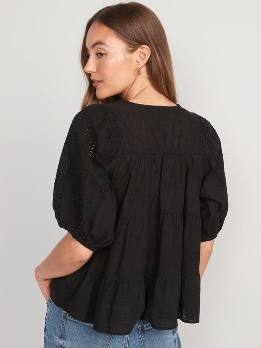 Puff-Sleeve Tiered Embroidered Swing Blouse for Women