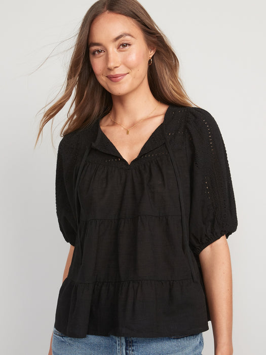 Puff-Sleeve Tiered Embroidered Swing Blouse for Women