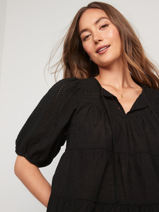 Puff-Sleeve Tiered Embroidered Swing Blouse for Women