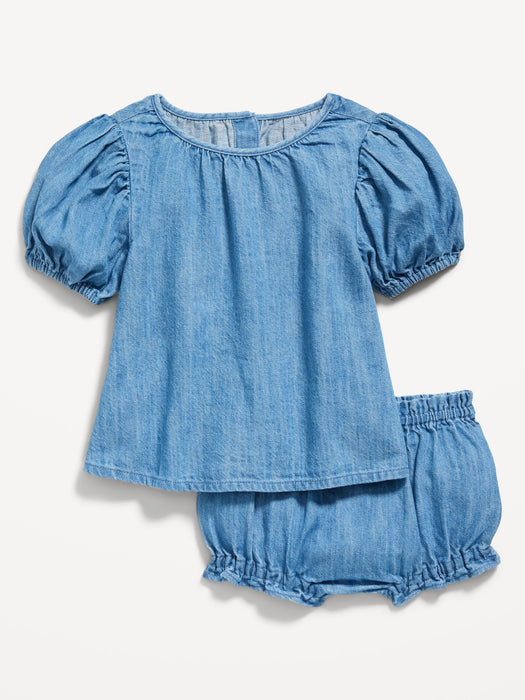 Chambray Puff-Sleeve Top & Bloomer Shorts Set for Baby