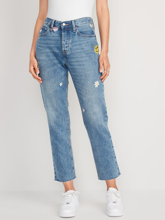 High-Waisted Button-Fly Slouchy Straight Embroidered Non-Stretch Cut-Off Jeans for Women - Blue