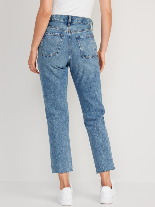 High-Waisted Button-Fly Slouchy Straight Embroidered Non-Stretch Cut-Off Jeans for Women - Blue