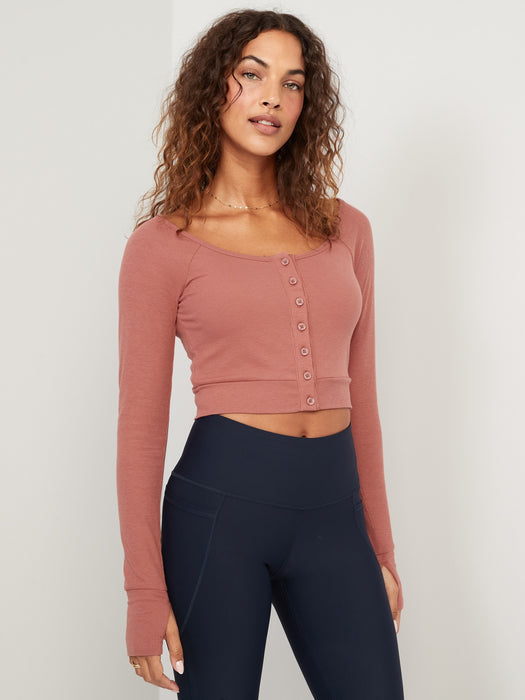 Long-Sleeve UltraLite Rib-Knit Ultra-Cropped Cardigan Top for Women - Orange