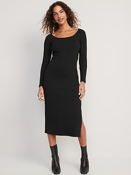 Fitted Long-Sleeve Rib-Knit Midi Dress for Women