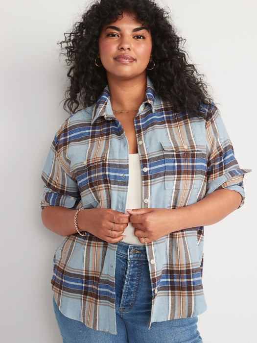 Long-Sleeve Plaid Flannel Boyfriend Tunic Shirt for Women - Blue