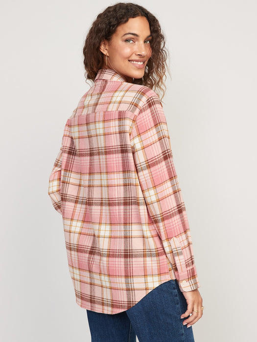 Long-Sleeve Plaid Flannel Boyfriend Tunic Shirt for Women - Multi