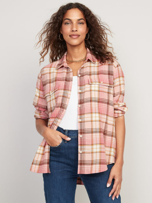 Long-Sleeve Plaid Flannel Boyfriend Tunic Shirt for Women - Multi