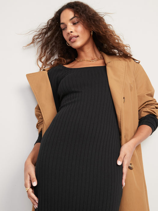 Fitted Long-Sleeve Rib-Knit Midi Dress for Women