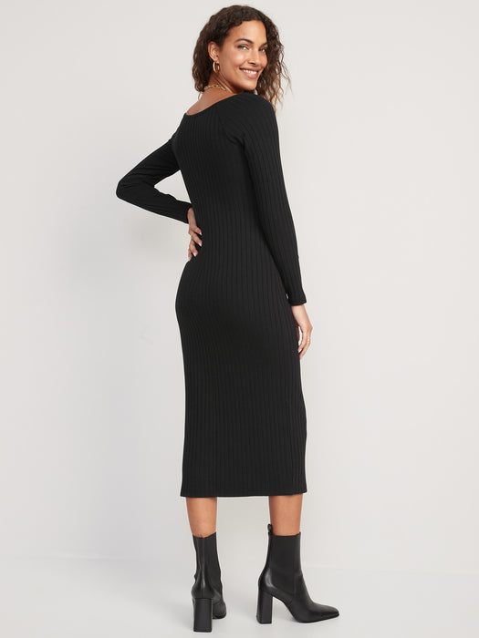 Fitted Long-Sleeve Rib-Knit Midi Dress for Women