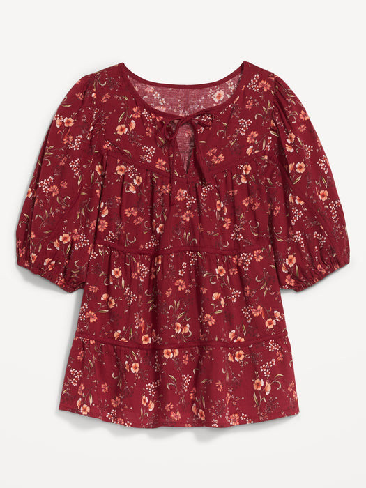 Puff-Sleeve Floral Tiered Swing Blouse for Women