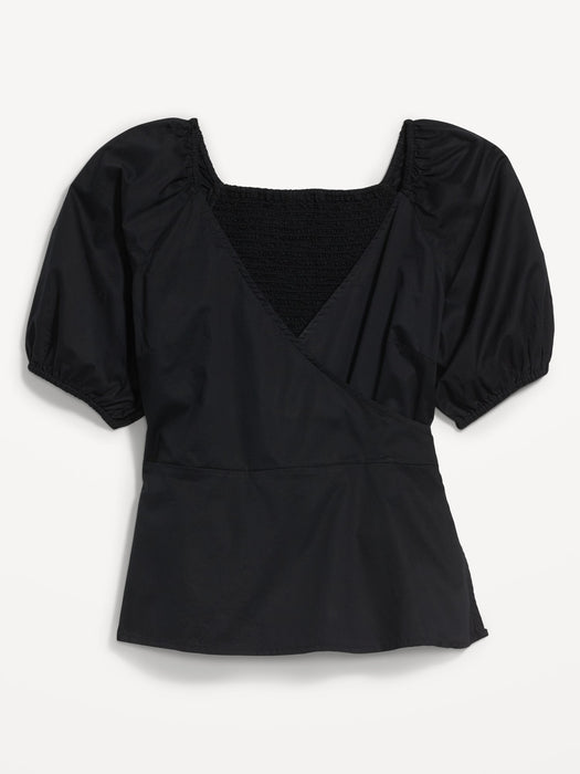 Puff-Sleeve Smocked Wrap Blouse for Women - Black